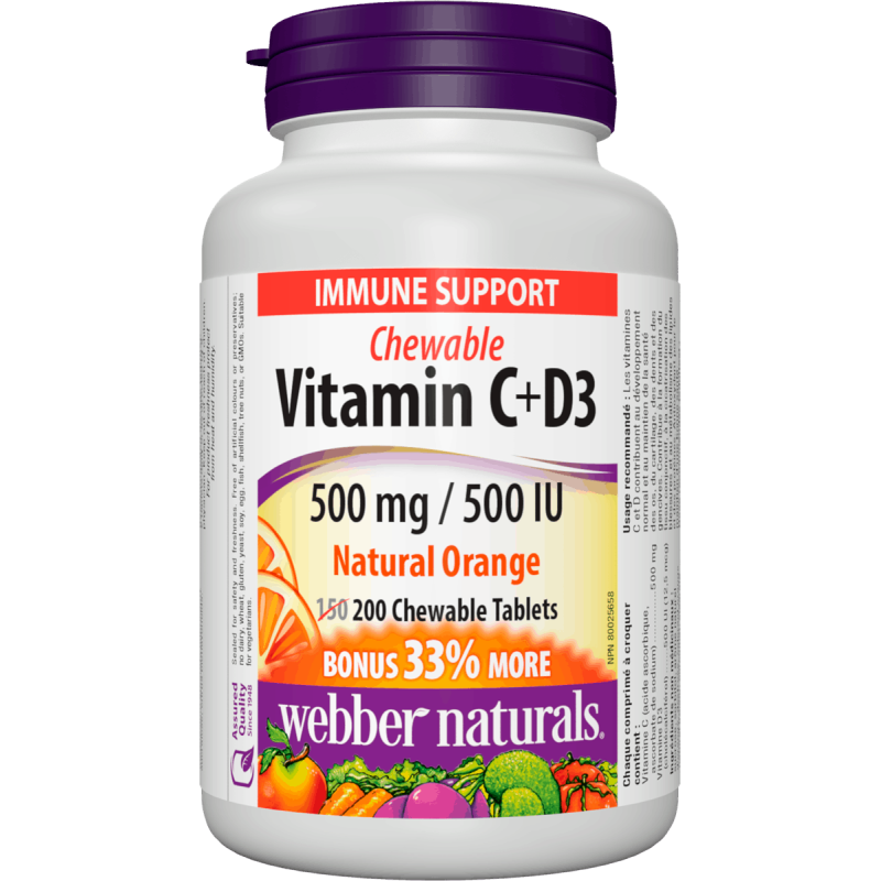 Webber Naturals Vitamín C + D3 500mg/ 500IU žvýkací tablety pomerančová příchuť 200tbl